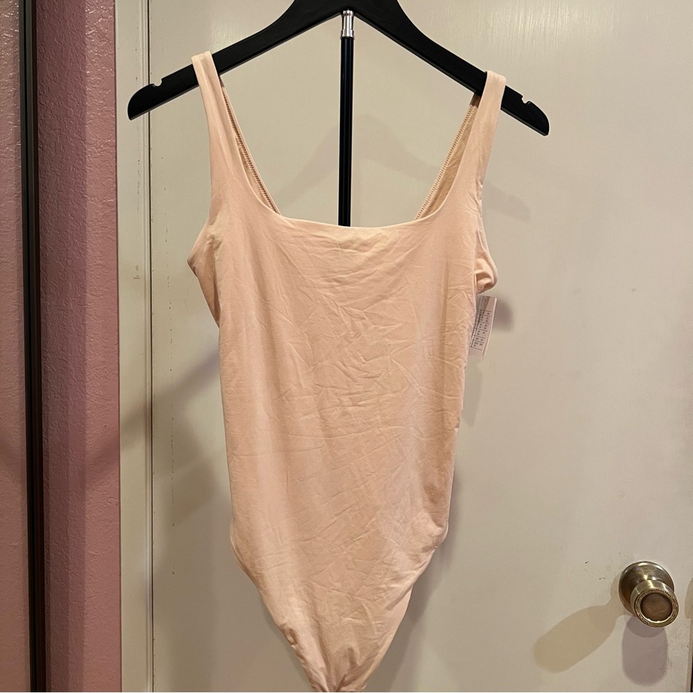 Beige Nylon Spandex Thong Bodysuit